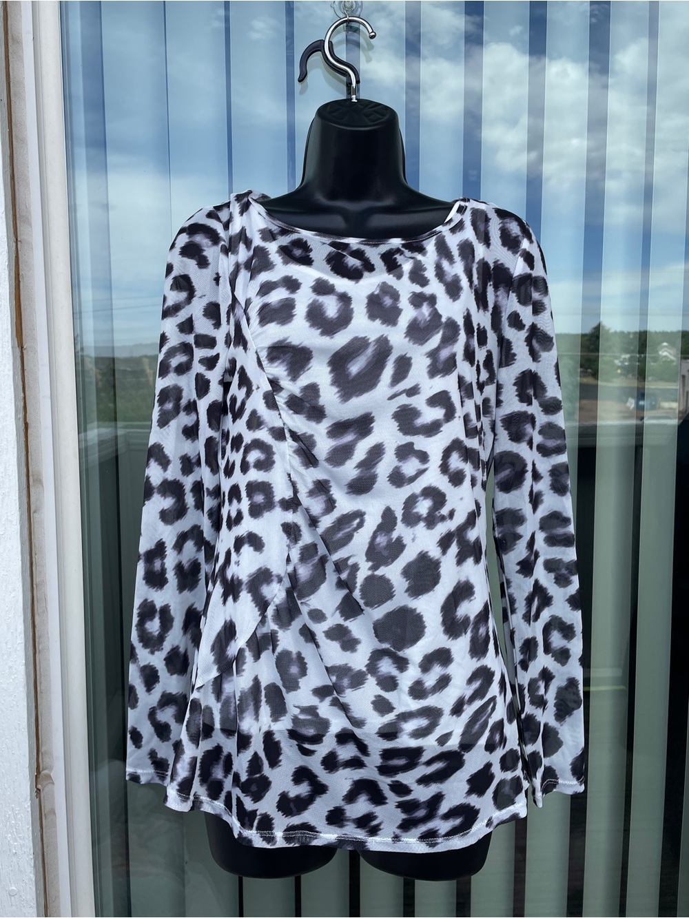 White House Black Market Black and White Leopard Print Long Sleeve Sheer Top